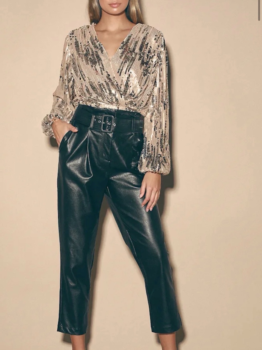 ASTR Primadonna Champagne and Silver Sequin Long Sleeve Top NWOT